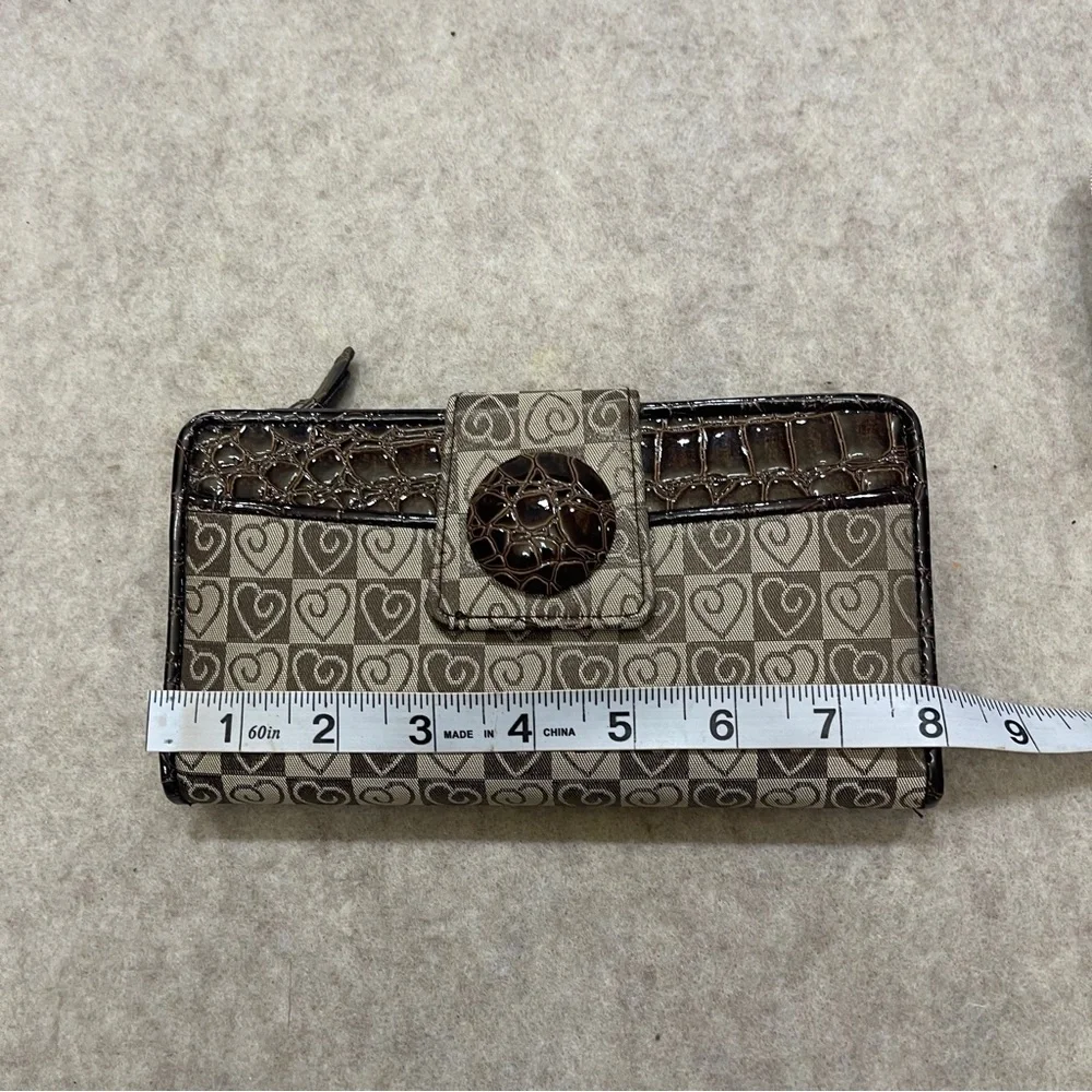 Y2K 2000’s Long Checkbook Zip Snap Wallet Brown Checker Heart Print Faux Croc
